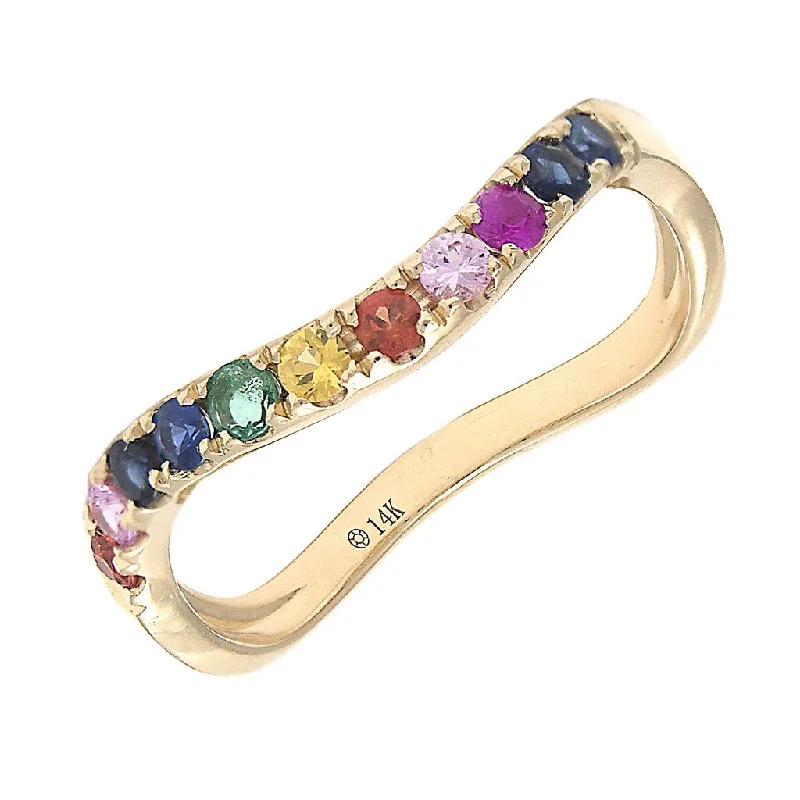 trendy ladies ring-14K Yellow Multi Sapphire Rainbow Curved Band