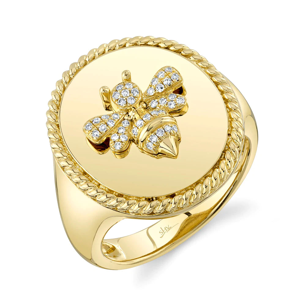 infinity knot ladies ring-14K Yellow Gold Diamond Bee Signet Ring