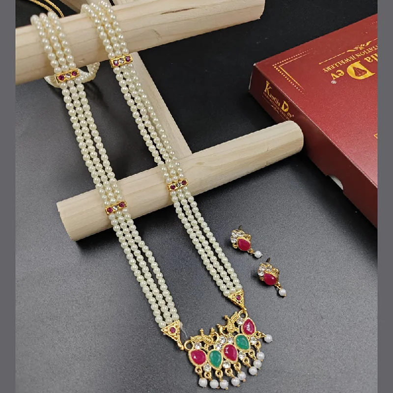 luxury gold ladies necklace-Manisha Jewellery Gold Plated Austrian Stone And Pearl Long Necklace Set