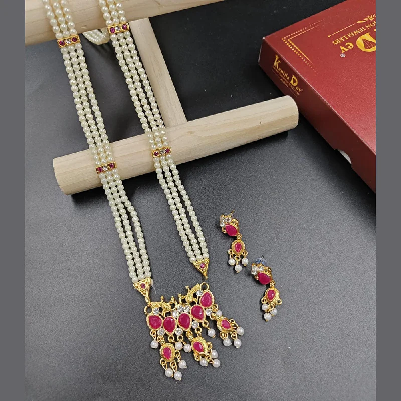 artistic design ladies necklace-Manisha Jewellery Gold Plated Austrian Stone And Pearl Long Necklace Set