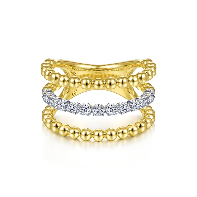 infinity knot ladies ring-14K Yellow Gold Diamond Triple Row Beaded Ring