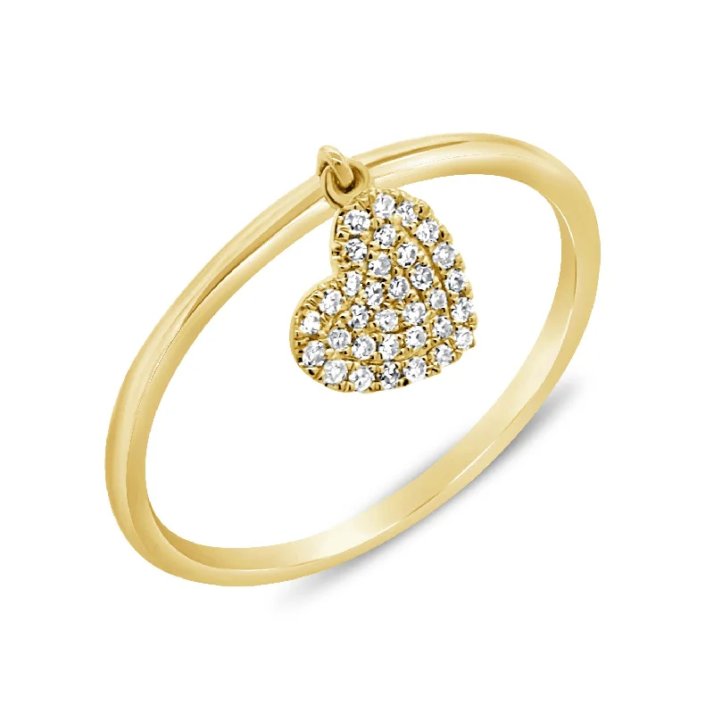 floral engraved ladies ring-14K Yellow Gold Diamond Pave Dangle Heart Ring