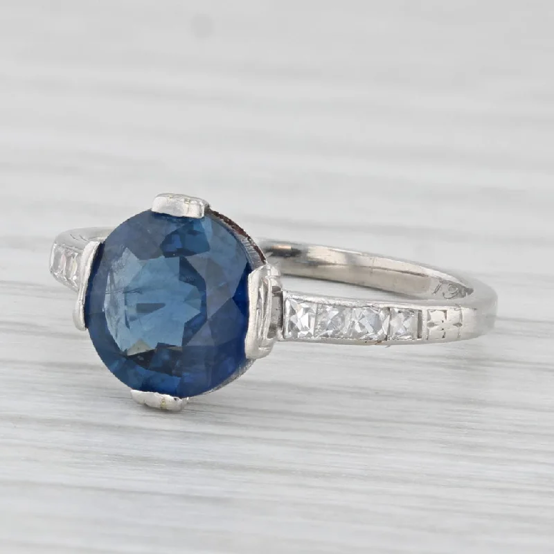 sparkling crystal engagement ring-1.82ctw Round Blue Sapphire Diamond Ring Platinum Size 5 GIA Engagement