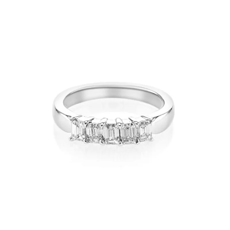 heart-shaped ladies ring-0.94 Cttw Emerald-Cut Diamond 18K White Gold Five-Stone Band