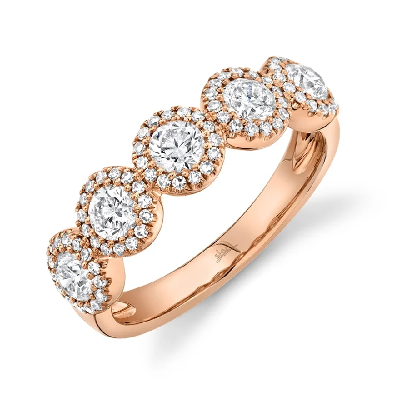 gold band ladies ring-14K Rose Gold Round + Halo Diamond Medium Band