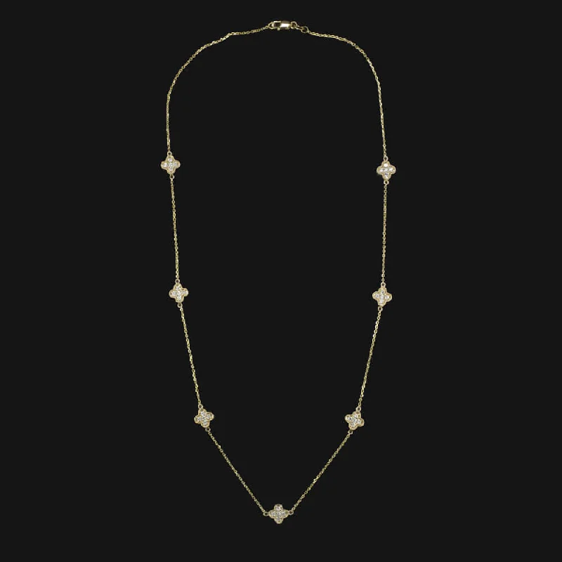 gold ladies necklace-DIAMOND CLOVER NECKLACE 14k YELLOW GOLD STATION CLUSTER NATURAL 1.31ct CHAIN