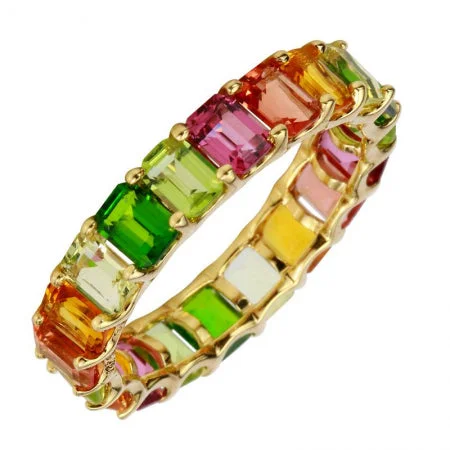 ladies promise ring-14K Yellow Gold Multi-Sapphire Emerald Cut Eternity Ring (Small)