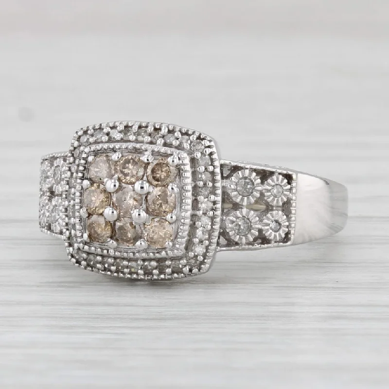 floral vintage-inspired ring-0.29ctw Champagne White Diamond Halo Engagement Ring 10k White Gold Size 7