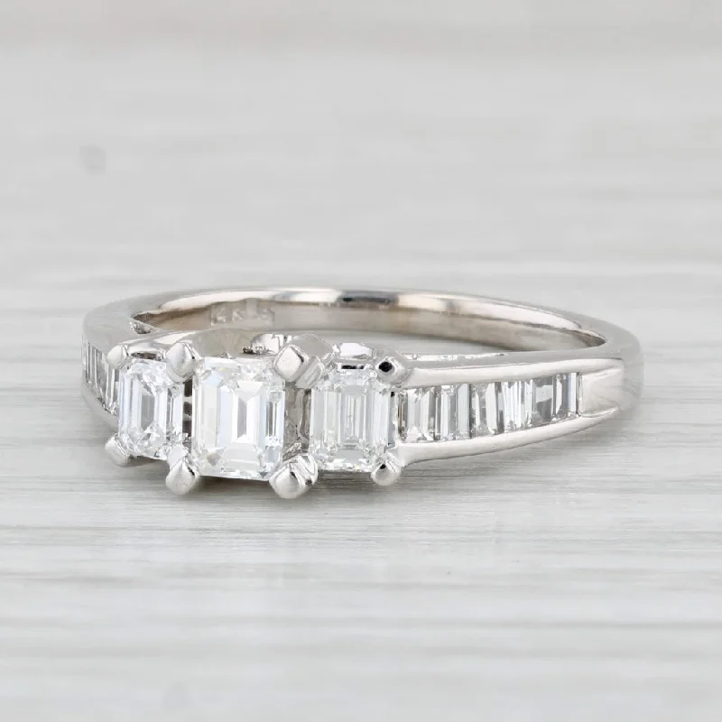 high-end engagement ring-1ctw Emerald Cut 3-Stone Diamond Engagement Ring 14k White Gold Cathedral Band