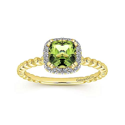 classic solitaire ladies ring-14K Yellow Gold Diamond + Peridot Beaded Band Ring