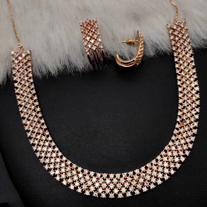 luxury gold ladies necklace-Aamrapali Rose Gold  Plated AD Necklace Set