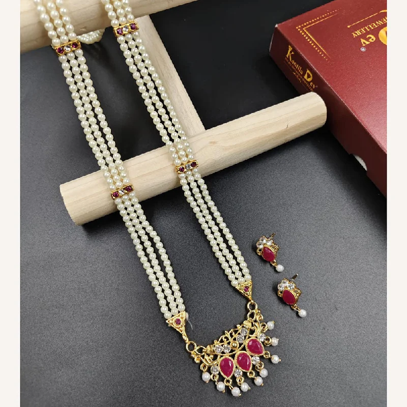 handmade beaded ladies necklace-Manisha Jewellery Gold Plated Austrian Stone And Pearl Long Necklace Set