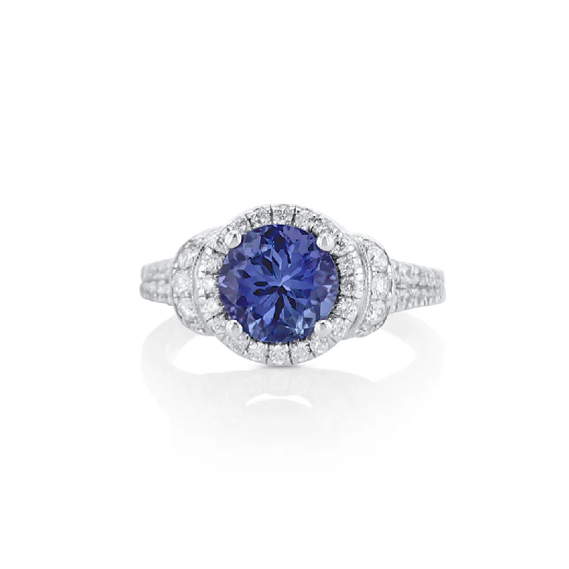 statement cocktail ladies ring-Blue Tanzanite and Diamond Halo Ring