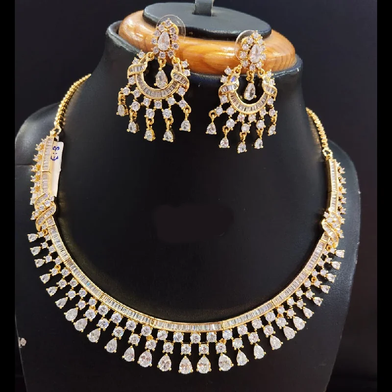 three-layer ladies necklace-Jain Jewellers Gold Plated AD Necklace Set