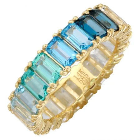 trendy cocktail ladies ring-14K Yellow Gold Blue Ombre Gemstone Ring