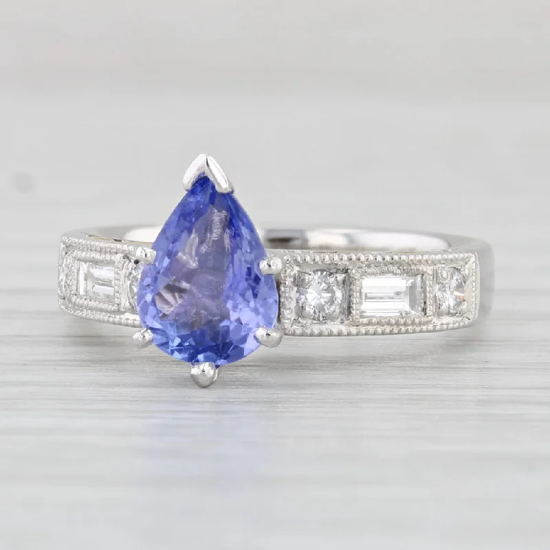 minimalist ladies engagement ring-1.52ctw Pear Tanzanite Diamond Ring 18k White Gold Platinum Size 5.5 Engagement