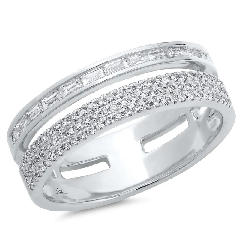 round cut ladies ring-14K White Gold Baguette and Triple Row Diamond Ring