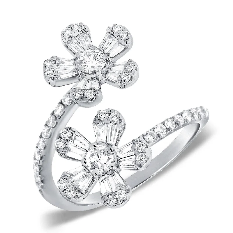 affordable ladies ring-14K White Gold Round and Baguette Diamond Flower Wrap Ring