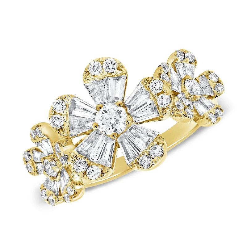 boho silver ladies ring-14K Yellow Gold Diamond Triple Baguette Flower Ring