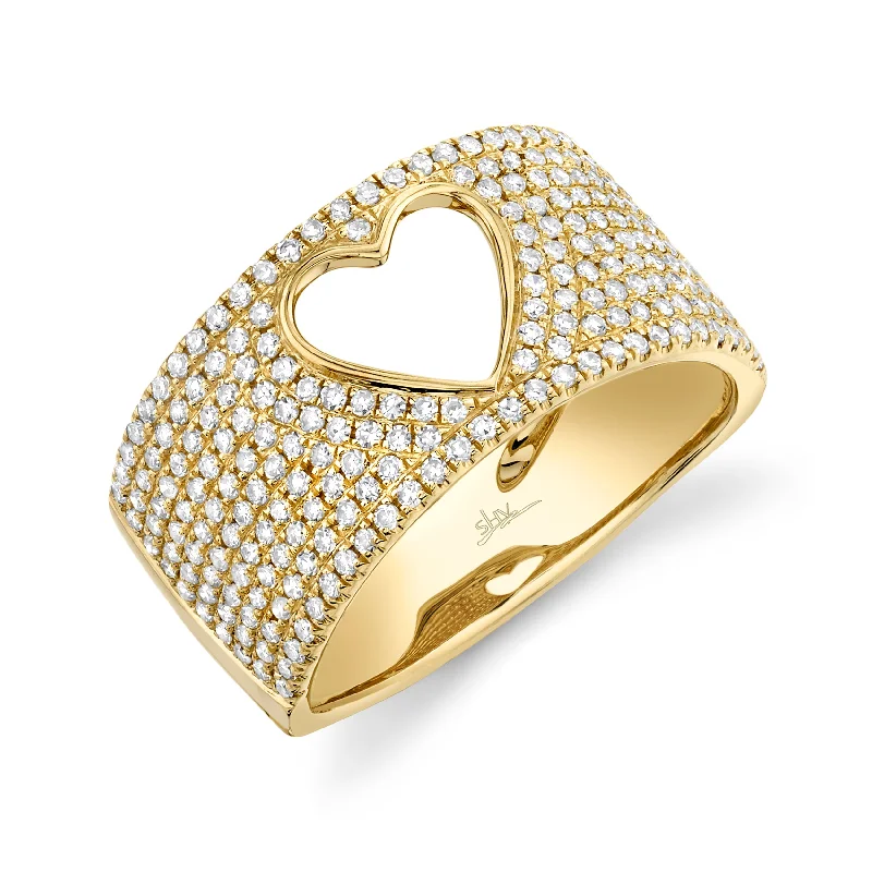 unique ladies ring-14K Yellow Gold Diamond Open Heart Wide Pave Ring