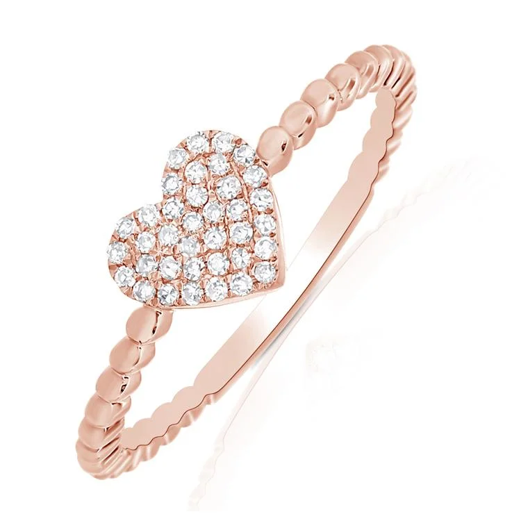 elegant silver ladies ring-14K Rose Gold Diamond Pave Heart Beaded Ring