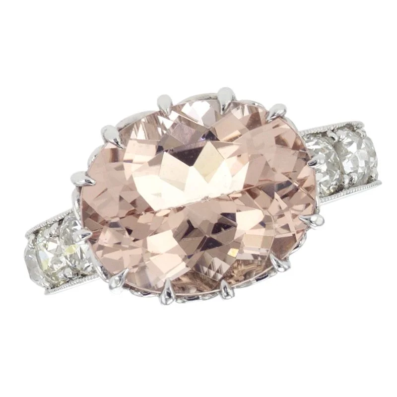 women’s wedding ring-Platinum 5.79 CT Oval Morganite Colored Stone and 1.56 CT Old European-Cut Diamond Ring