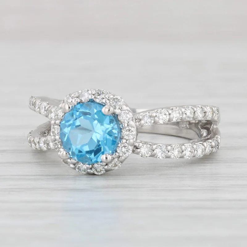 platinum vintage engagement ring-1.98ctw Blue Topaz Diamond Halo Ring 14k White Gold Size 6.5 Engagement