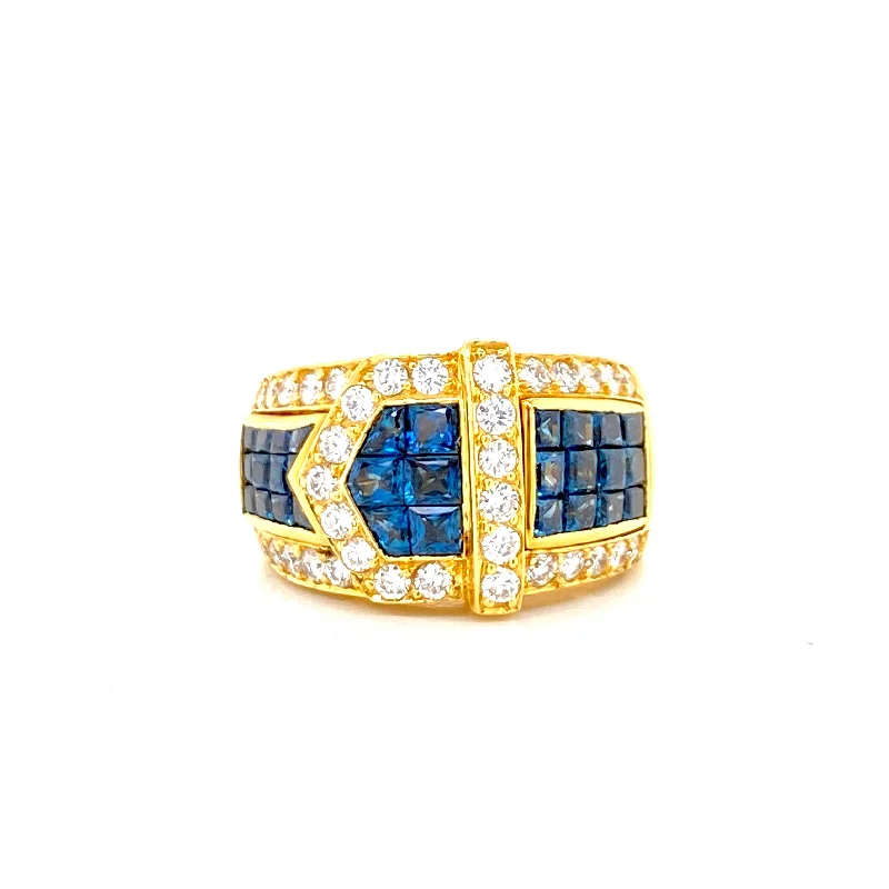 boho style ladies ring-18K Yellow Gold Diamond + Sapphire Ring