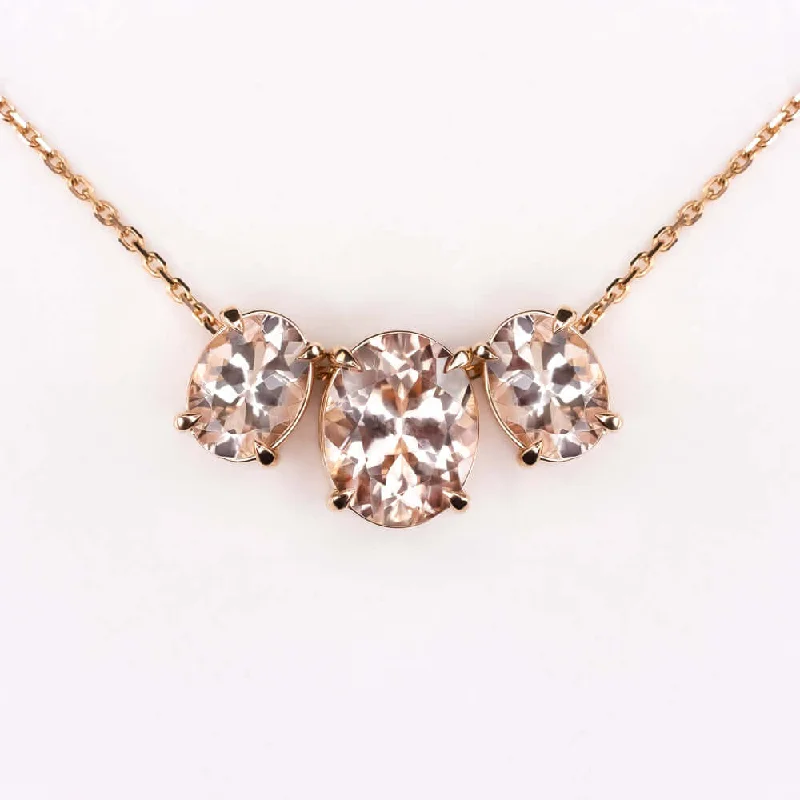 rose gold ladies necklace-4.5 CARAT PINK MORGANITE 14K ROSE GOLD NECKLACE OVAL SHAPE CUT 3 STONE PENDANT