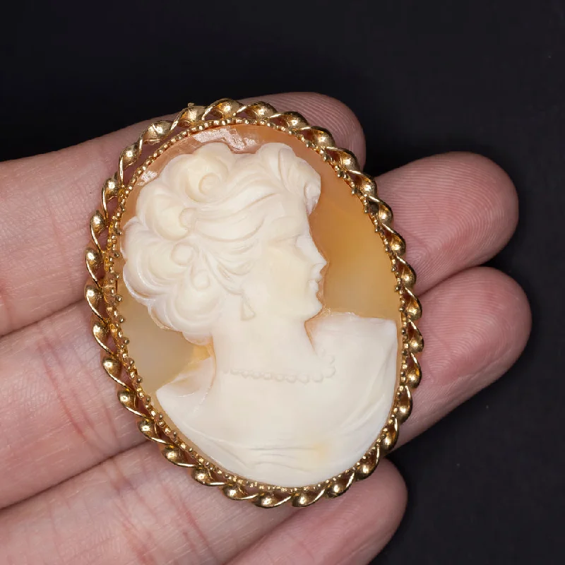 long chain ladies necklace-VINTAGE CAMEO PENDANT 14K YELLOW GOLD BROOCH NECKLACE PIN ESTATE JEWELRY