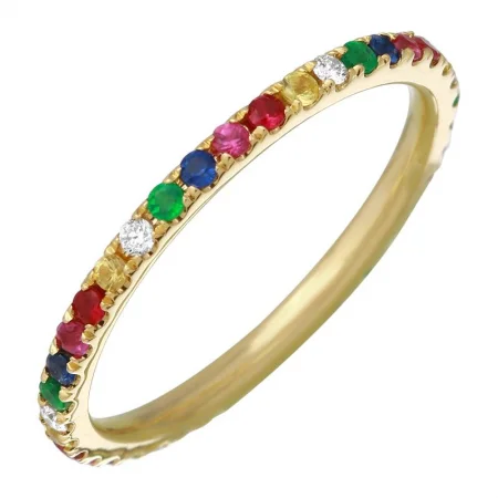 gold band ladies ring-14k Yellow Multi Color Sapphire Rainbow Eternity Band