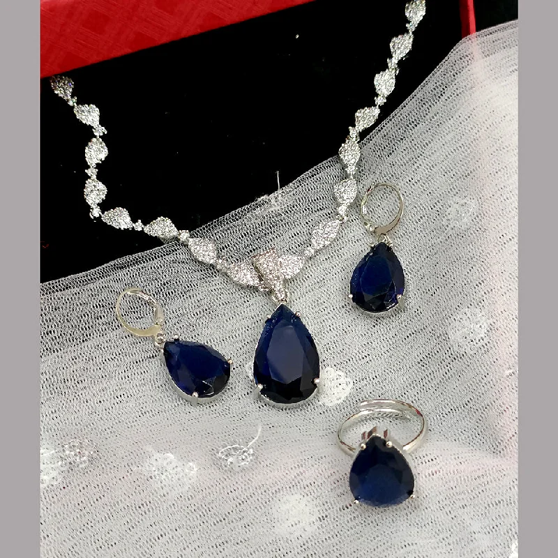 fashion ladies necklace-Exotica Collection American Diamond Blue Necklace Set With Adjustable Ring