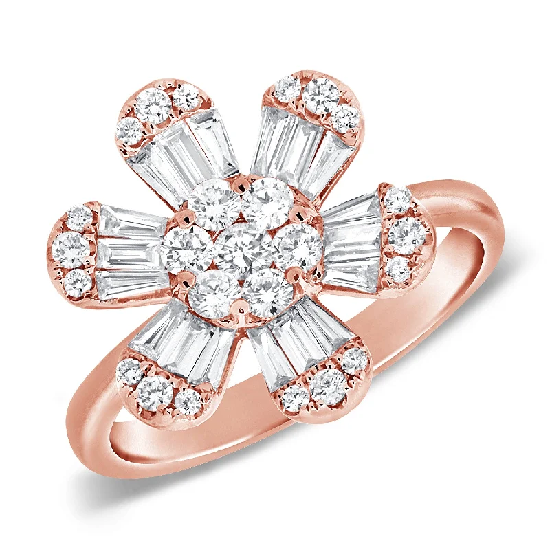 classic solitaire ladies ring-14K Rose Gold Baguette & Round Diamond Large Flower Ring