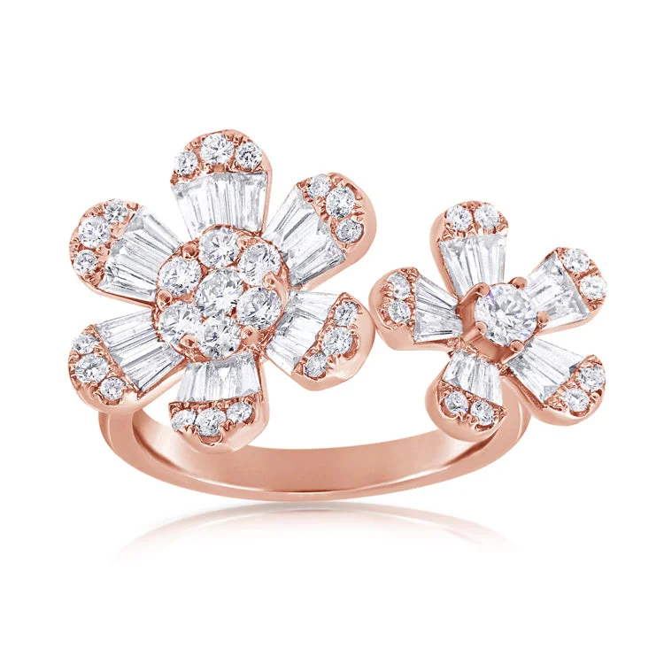 vintage ladies ring-14K Rose Gold Double Diamond Flower Ring