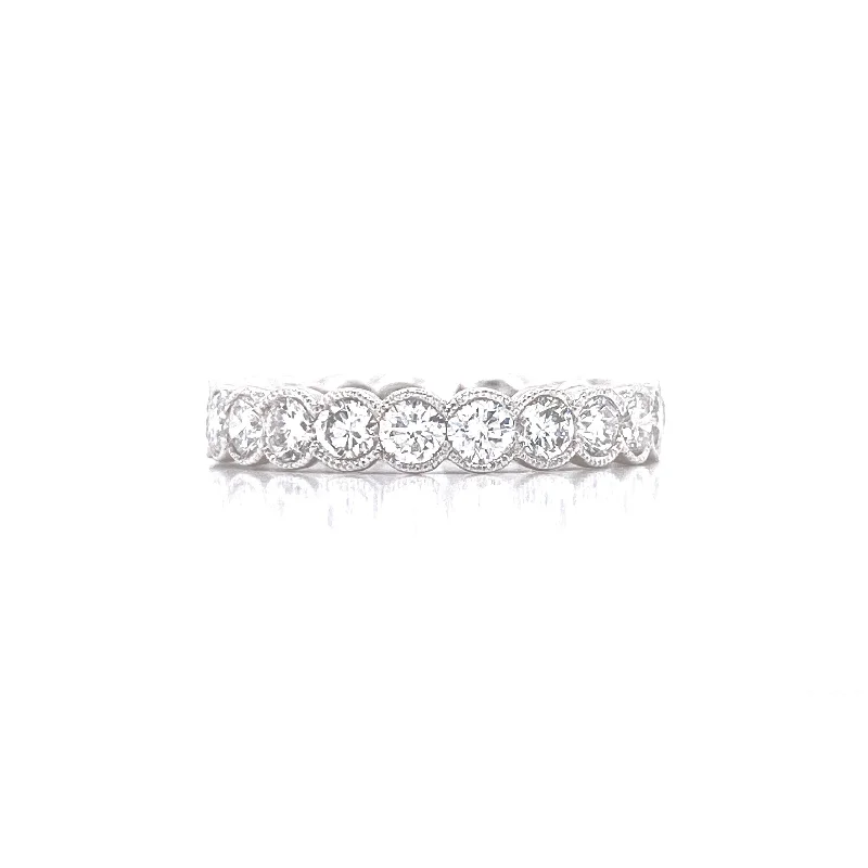 handmade gemstone ladies ring-14K White Gold Diamond Bezel Milgrain Eternity Band