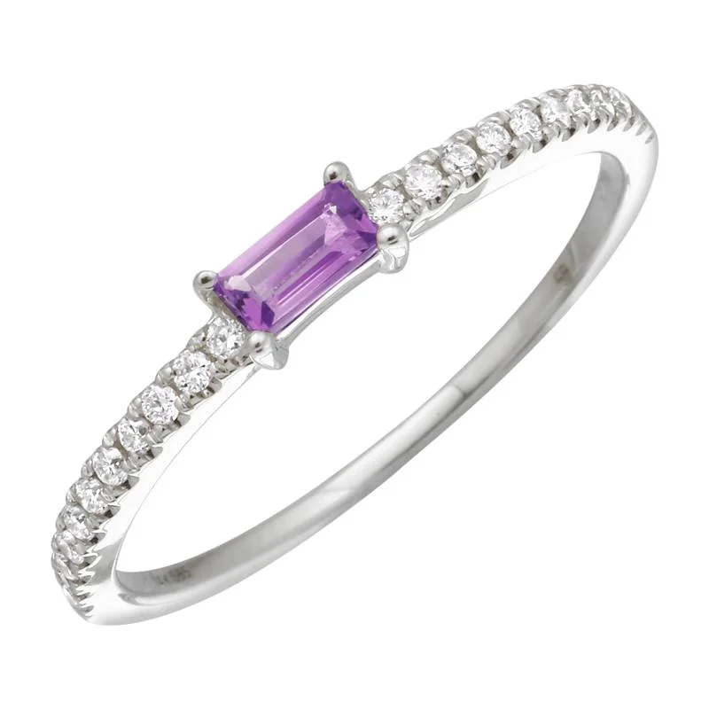 gold ladies ring-14K White Gold Amethyst Diamond Stacking Ring