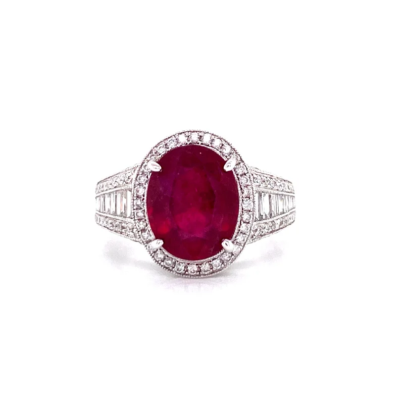 colorful gemstone ladies ring-18K White Gold Diamond + Oval Ruby Ring