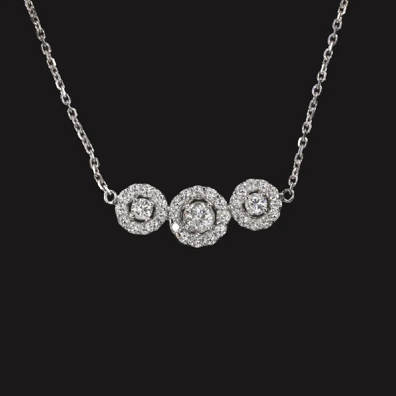 vintage-inspired ladies necklace-DIAMOND HALO CLUSTER NECKLACE 1.10ct NATURAL 14k WHITE GOLD 3 STONE PENDANT 1ct