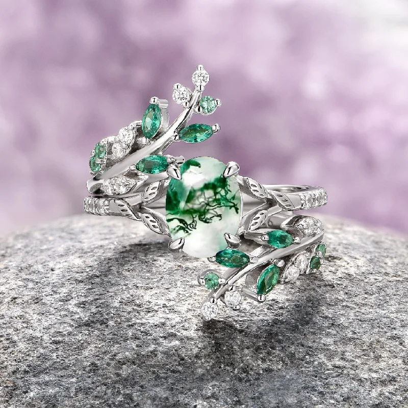 luxury platinum engagement ring-Green Moss Agate & Emerald Leaf Engagement Ring Set- 14K White Gold