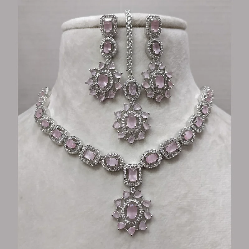 women’s choker necklace-Exotica Collection American Diamond Pink Necklace Set With Maangtika