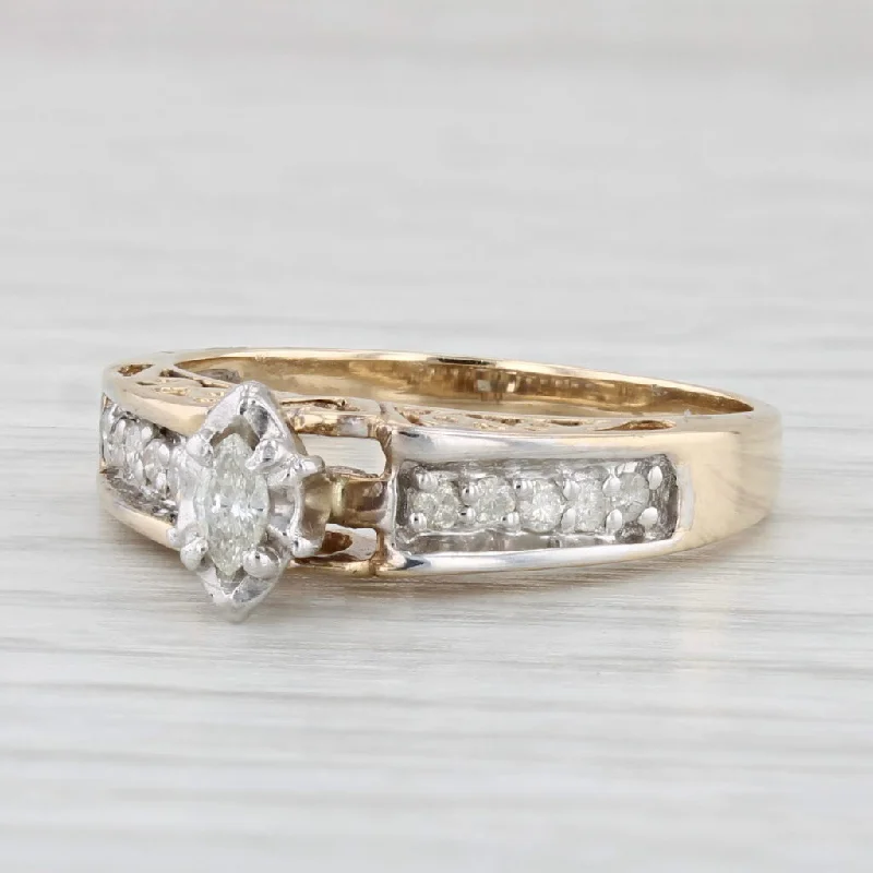 wide band engagement ring-0.25ctw Marquise Diamond Engagement Ring 10k Yellow Gold Size 7.25 Heart Bridge