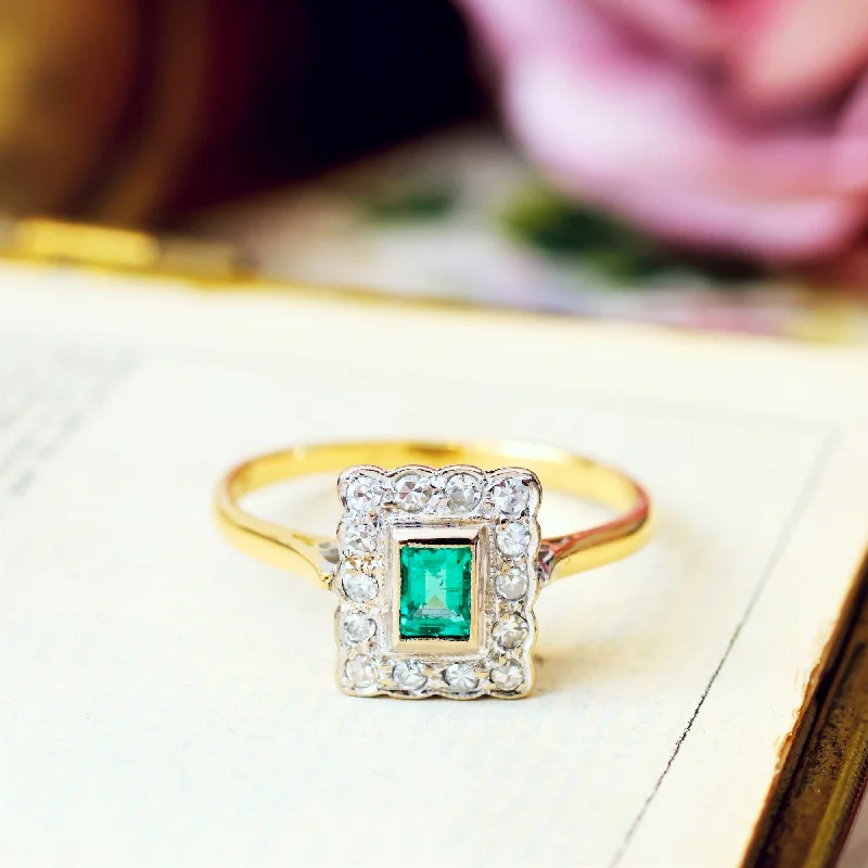 oval cut engagement ring-Vintage Art Deco Styled Emerald & Diamond Engagement Ring