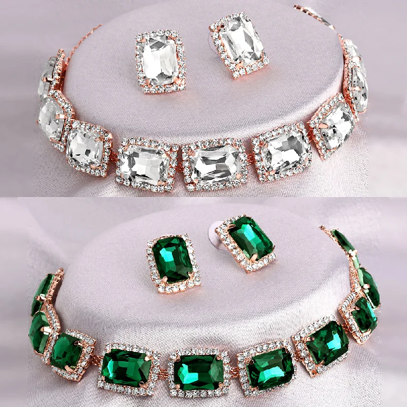 sparkling crystal ladies necklace-Shrishti Fashion Modish Squire White And Green Rose Gold Plated Set Of 2 Collar Necklace Set Combo For Women