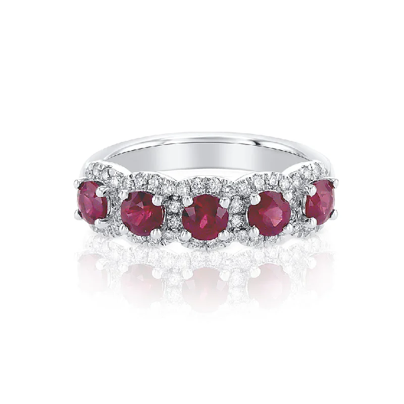 filigree ladies ring-0.85 Cttw Round Ruby and 0.25 Cttw Diamond Halo 14K White Gold Band