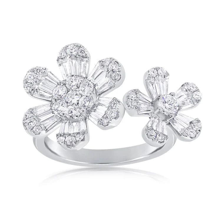 platinum ladies ring-14K White Gold Double Diamond Flower Ring