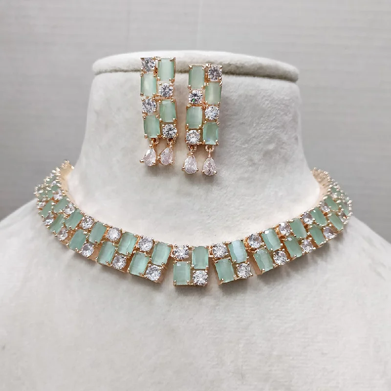 personalized ladies necklace-Exotica Collection American Diamond Rose Gold Polished Mint Green Necklace Set