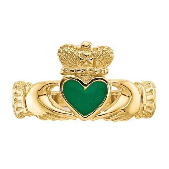 stylish ladies ring-14ky Gold Green Enamel Claddagh Ring