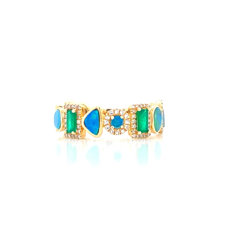 affordable ladies ring-14K Yellow Gold Diamond + Emerald + Opal Multi Shape Ring