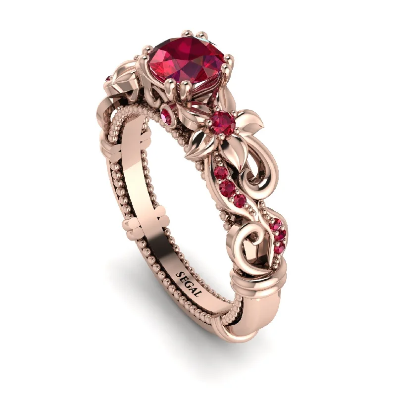 birthstone engagement ring-Vintage Flower Openwork Gold Ruby Engagement Ring - Ann No. 56