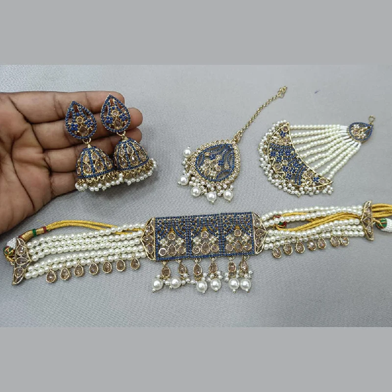 pearl choker ladies necklace-Rani Sati Jewels Gold Plated Crystal and Pearl Choker Necklace Set